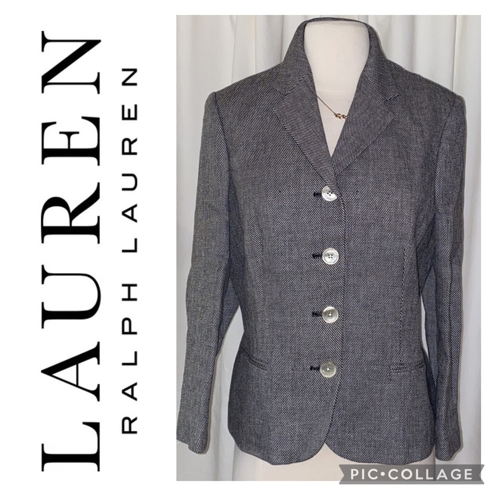 LAUREN RALPH LAUREN Black/White Lined Linen Blazer with Logo Buttons 10